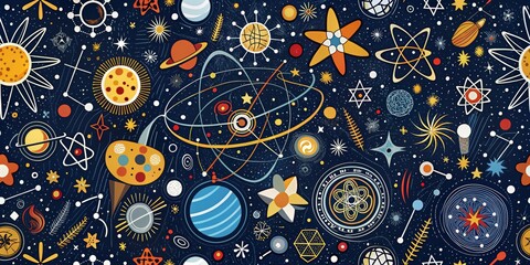 Mid-Century Modern Space Pattern, seamless , abstract , vector , retro , vintage , cosmos