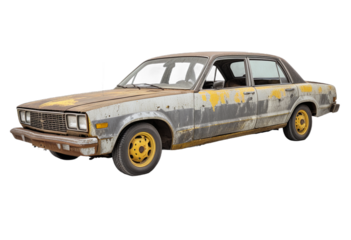 Vintage Rusty Abandoned Car with Worn-out Exterior and Yellow Accents on Transparent Background