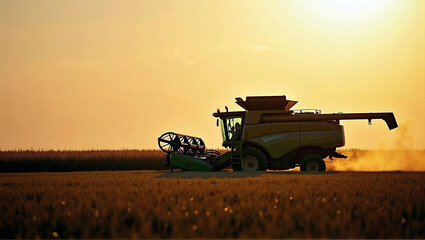 Fototapeta premium A combine harvester mows a wheat field in late summer and brings the harvest for further processing