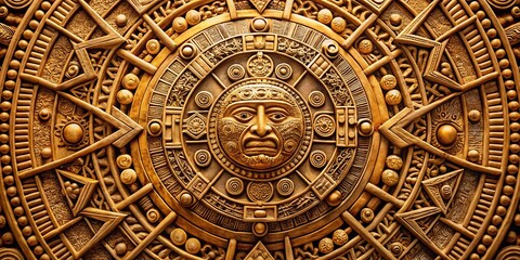 Golden Aztec Sun God Carving, Intricate Detail, Mayan Art, Aztec Art