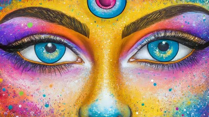 Colorful Abstract Artistic Portrait with Vibrant Blue Eyes and Third Eye