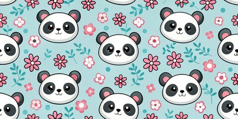 Cute Panda Seamless Pattern with Floral Design, Blue Background, Cartoon Illustration, Digital Art, Panda Pattern, Floral Pattern