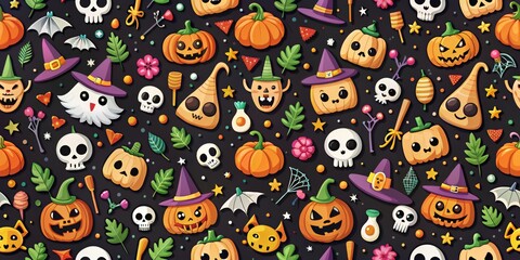 Fototapeta premium Cute Halloween Seamless Pattern with Pumpkins, Skulls and Witch Hats, halloween, pattern