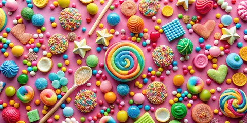 Fototapeta premium Colorful Candy Sweets Flat Lay Composition with Rainbow Lollipop, Pink Background, Sweet Treat , Candy, Sweets