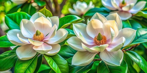Obraz premium Close-up of Magnolia Flowers with Green Leaves, Spring Bloom, Floral Beauty ,Magnolia, Flowers