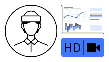 Person using virtual reality headset, analyzing business data chart on screen, HD video call icon. Ideal for remote work, VR applications, data analysis, video conferencing, tech presentations