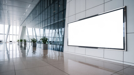 A large, empty room features a white sign on the wall. The room is devoid of any furniture or decorations, giving it a stark and minimalist appearance. The white sign is the focal point of the room