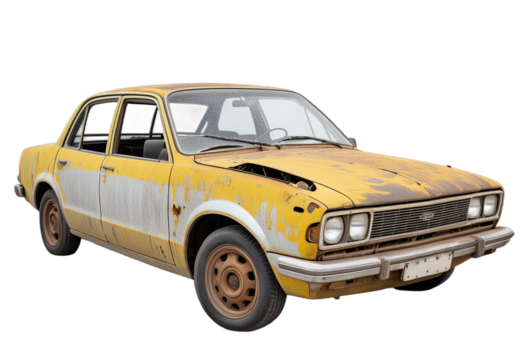 Vintage Rusty Yellow Sedan Car on Transparent Background