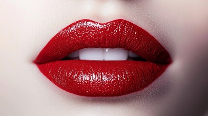 Obraz premium Sensual close-up of bold red lips, white isolated background, high contrast, smooth curves, perfect symmetry and vibrant color