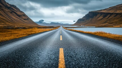 Fototapeta premium A long, straight road through a dramatic mountain landscape with a lake on either side and a cloudy sky above.