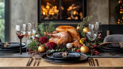 Fototapeta premium Festive Holiday Table Setting, a beautifully arranged table adorned with colorful decorations, featuring a large roasted turkey in the center, perfect for seasonal celebrations
