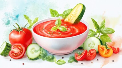 A fresh bowl of gazpacho garnished with basil and cucumber, surrounded by tomatoes, cucumbers, and herbs, celebrating National Gazpacho Day.