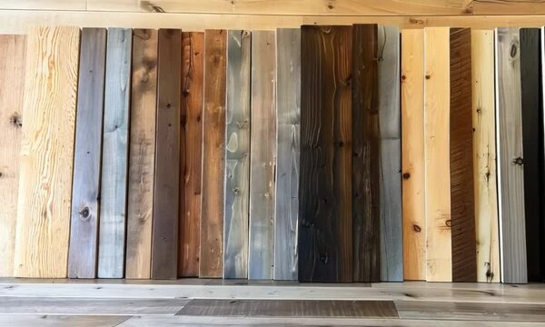 A display of multiple types of wood planks arranged in a row along a wall. The planks showcase various colors, grains, and textures, adding a visual interest to the space