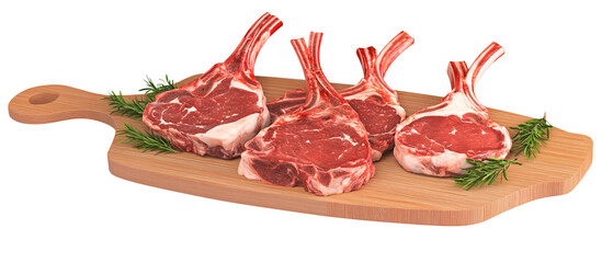Raw Lamb Chops on Wooden Cutting Board with Rosemary Sprigs