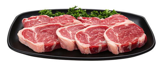 Fototapeta premium Raw Beef Steaks on Black Plate Ready for Grilling