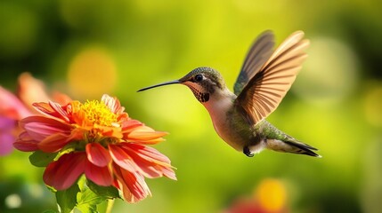 Fototapeta premium Vibrant Hummingbird in Flight, a colorful hummingbird hovers gracefully near a radiant flower, showcasing its dazzling feathers and dynamic wing movement in a lush setting