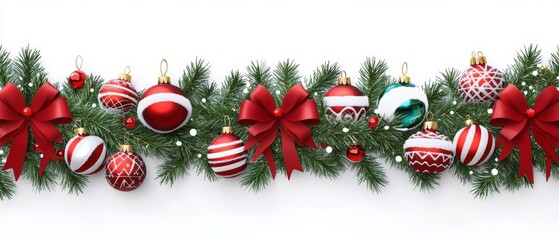 A festive Christmas garland adorned with red and white ornaments, capturing the holiday spirit in vibrant detail.