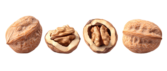 Closeup of Walnuts in Various Stages of Opening, Isolated on Transparent Background