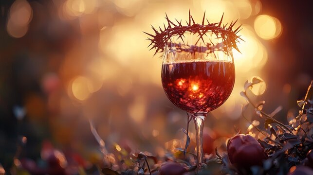 Chalice with wine and crown of thorns, symbolic Valentine's background, ethereal lighting, Christianity concept