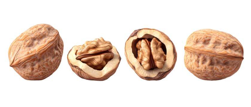 Closeup of Walnuts in Various Stages of Opening, Isolated on Transparent Background