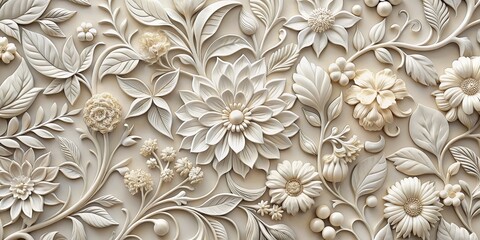 3D Floral Pattern with White Flowers and Leaves on Beige Background, floral pattern, 3d art