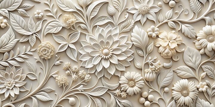 3D Floral Pattern with White Flowers and Leaves on Beige Background, floral pattern, 3d art