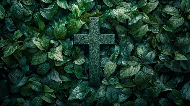 Christianity cross made of green leaves, serene church holiday background