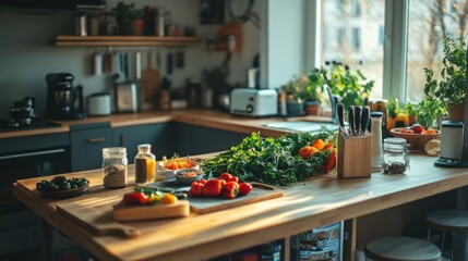 Modern kitchen island, vibrant meal prep scene, fresh ingredients displayed, sleek bar stools, inviting atmosphere, contemporary appliances in a functional cooking space