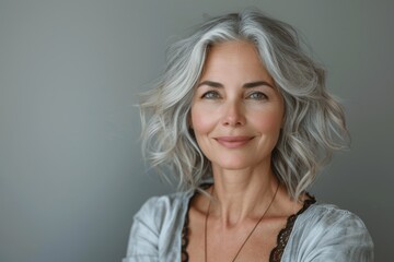Beautiful senior woman with gray short wavy hairstyle smiling closeup portrait skincare beauty dental