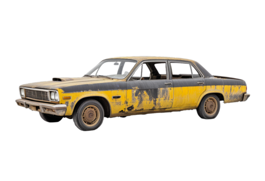 Detailed view of a weathered vintage yellow and black sedan with rust and peeling paint on a transparent background - Powered by Adobe