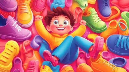 Fototapeta premium A happy child surrounded by a colorful assortment of shoes, celebrating Put on Your Own Shoes Day with excitement and independence.