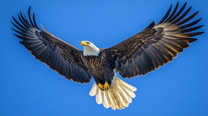 Fototapeta premium Majestic Bald Eagle in Flight, a stunning depiction of a bald eagle soaring gracefully against a bright blue sky, showcasing the strength and elegance of this iconic bird.