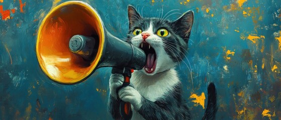 Fototapeta premium Cat shouting into a megaphone against a colorful backdrop.