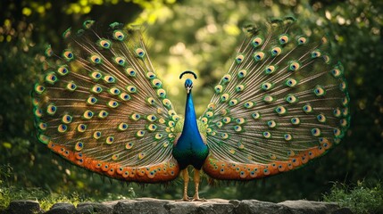 Obraz premium Majestic peacock in full display, vibrant tail feathers fanned out, glistening under bright sunlight, showcasing nature's beauty and elegance in a serene environment
