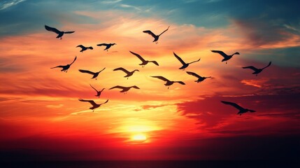 Fototapeta premium Migrating Birds at Sunset, a breathtaking display of a flock in flight, silhouetted against vibrant hues of a twilight sky, capturing the beauty of nature's transition.