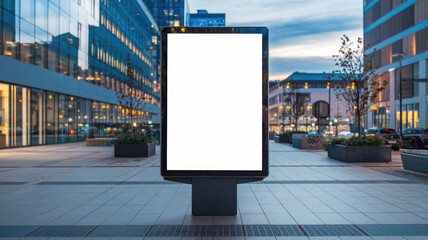 A large white billboard is standing in the middle of a city street. The billboard is empty, with no text or images on it. The empty billboard creates a sense of anticipation and curiosity