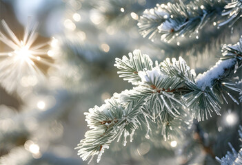 Frosted Pine Needles with Sparkling Snowflakes in Sunlight, 4K
