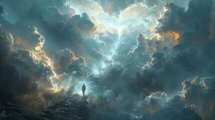 Man Climbing Heavenly Stairway Above Clouds to Divine Open Door