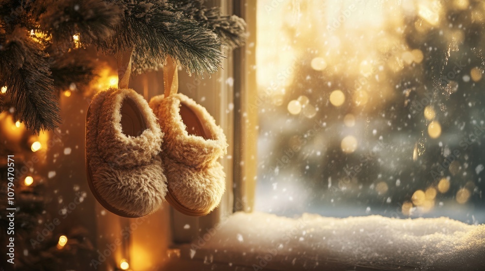Poster A pair of warm, fuzzy baby slippers hangs from a tree branch next to a window, softly illuminated by golden lights while snowflakes fall gently outside, creating a serene holiday ambiance.