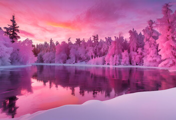 Fototapeta premium Winter Sunset Over Frozen Lake with Snowy Trees, 4K