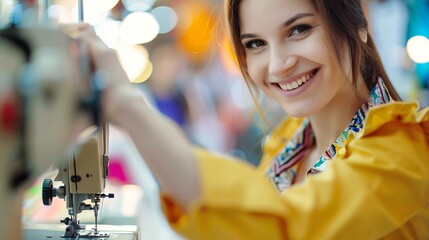 Close-Up of Smiling Seamstress Using Sewing Machine. Concept of Fashion Design, Handcrafted Clothing, Creative Process, and Professional Expertise. Copy space