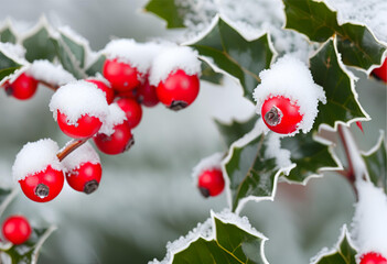 Snowy Holly Bush with Red Berries, 4K Close-Up