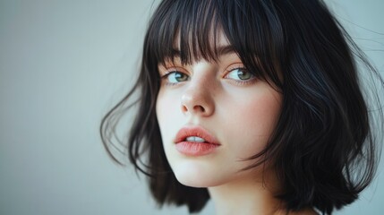 Naklejka premium Playful Layered Haircut with Bangs, vibrant and stylish look, exuding a youthful energy, perfect for showcasing contemporary hair trends and modern aesthetics