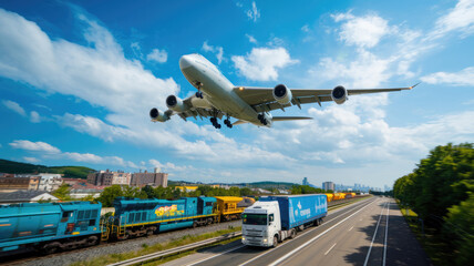 A large jet is flying over a train track with a blue train in the background. The sky is clear and the sun is shining