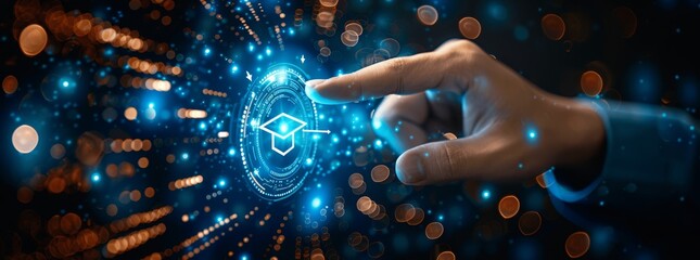 Businessman Touching Virtual Screen with Graduation Hat Icon on Blue Background for Online Education and Business Training, Digital Learning, E-Learning, Technology, Success, Innovation, Cyberspace