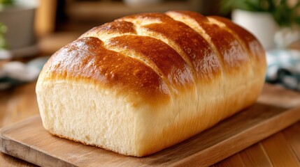 Naklejka premium Freshly baked golden brown loaf of bread on wooden board