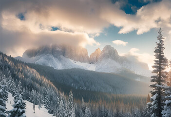 Obraz premium Winter Scene of Valley with Mountains and Snowy Pines, 4K