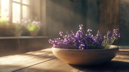 Rustic bowl filled with fresh lavender flowers on a wooden table