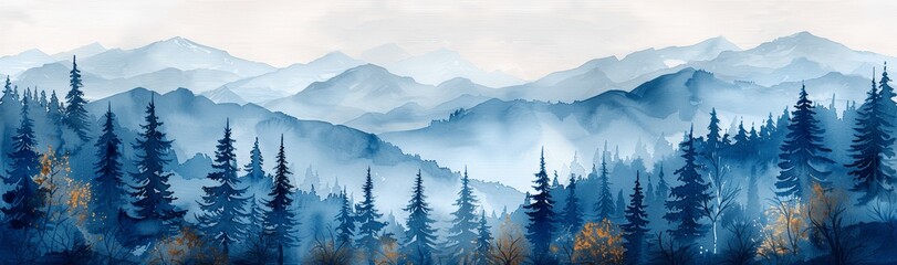 Obraz premium Watercolor Painting of Blue Spruce Forest in Winter, Seamless Pattern Banner