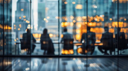 Corporate Meeting with Blurred Cityscape Background Through Glass Wall